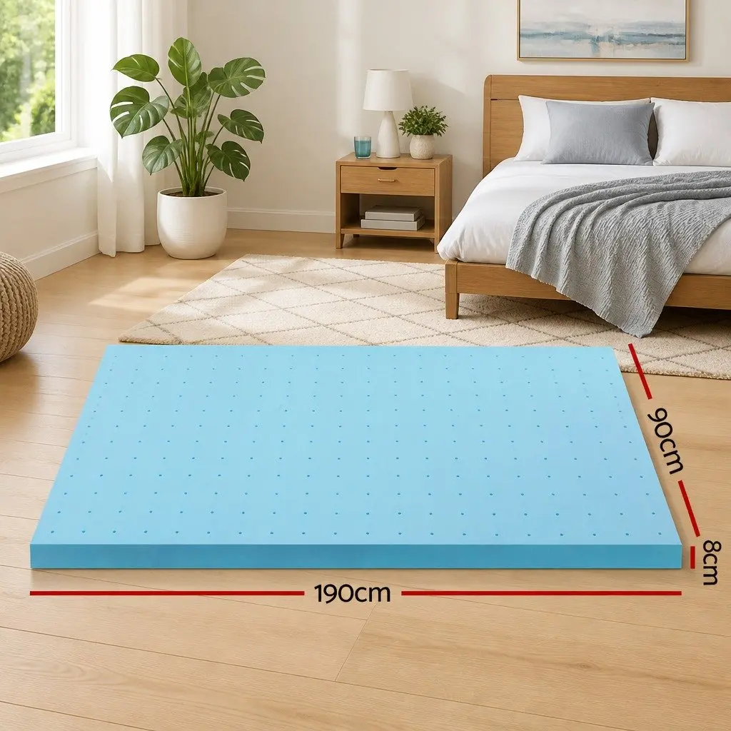 Memory Foam Mattress Topper Blue Single 8cm Ventilated Gel Bamboo Cover