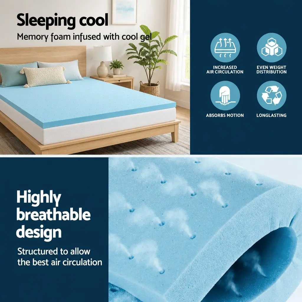 Memory Foam Mattress Topper Blue Single 8cm Ventilated Gel Bamboo Cover