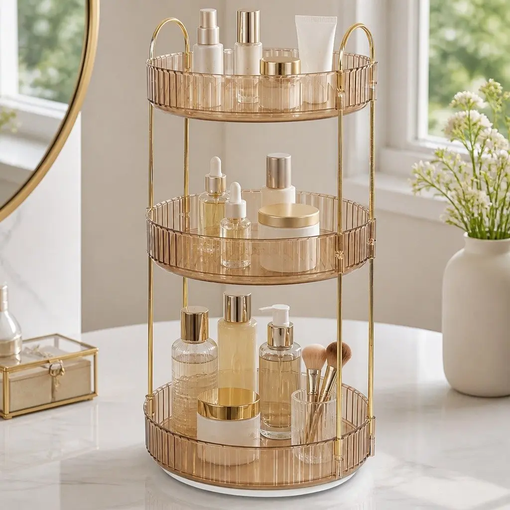 360° Rotating Makeup Organiser Vanity Countertop Cosmetic Storage Shelf Gold