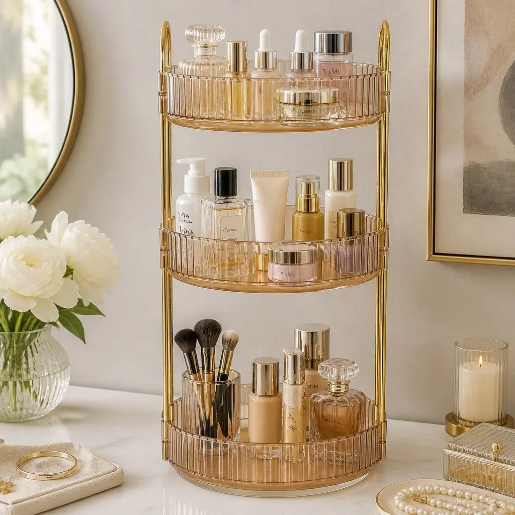 360° Rotating Makeup Organiser Vanity Countertop Cosmetic Storage Shelf Gold