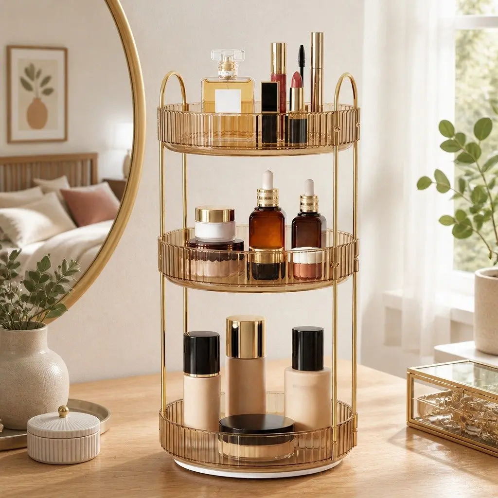 360° Rotating Makeup Organiser Vanity Countertop Cosmetic Storage Shelf Gold