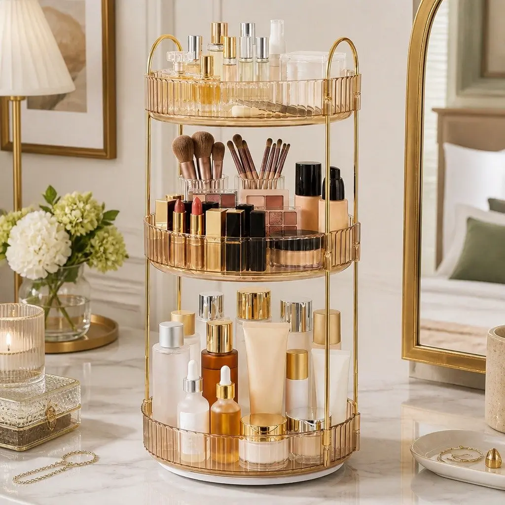 360° Rotating Makeup Organiser Vanity Countertop Cosmetic Storage Shelf Gold