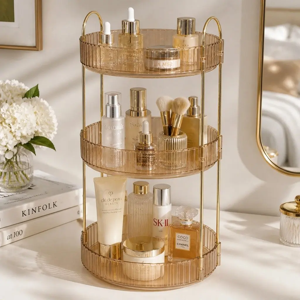 360° Rotating Makeup Organiser Vanity Countertop Cosmetic Storage Shelf Gold