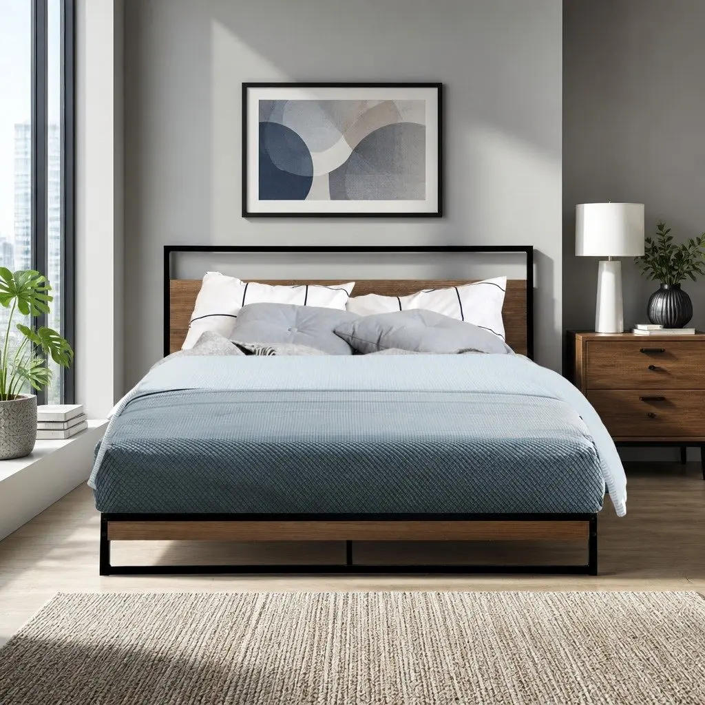Double Metal Bed Frame Industrial Design Sturdy Steel MDF Black Bedroom