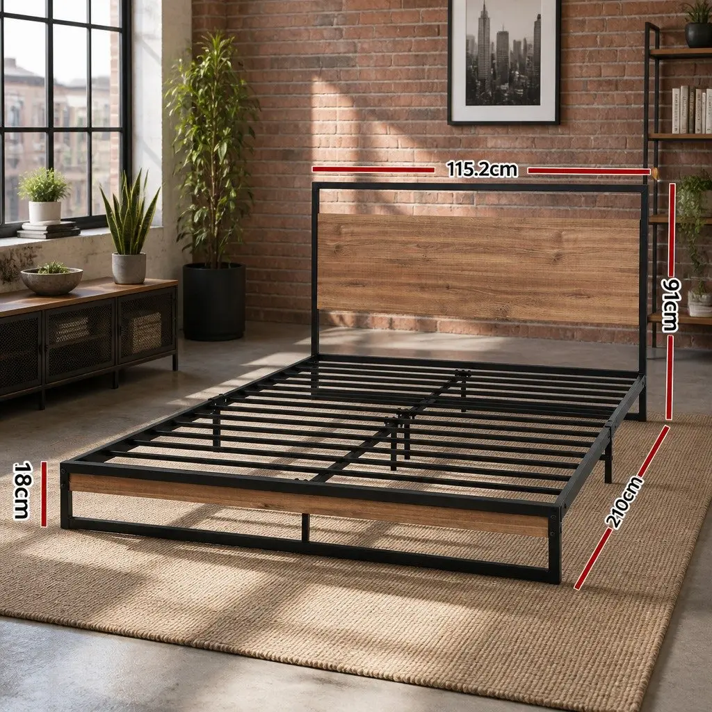 King Single Bed Frame Industrial Metal Wood Design Black Bedroom Furniture