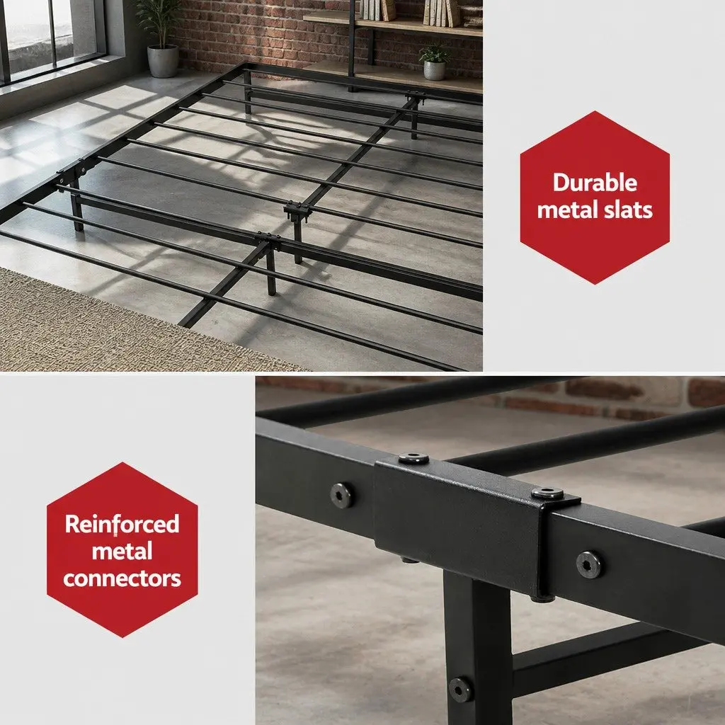 King Single Bed Frame Industrial Metal Wood Design Black Bedroom Furniture