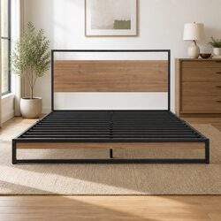 Concise and Sturdy Queen Bed Frame with Metal and Wood