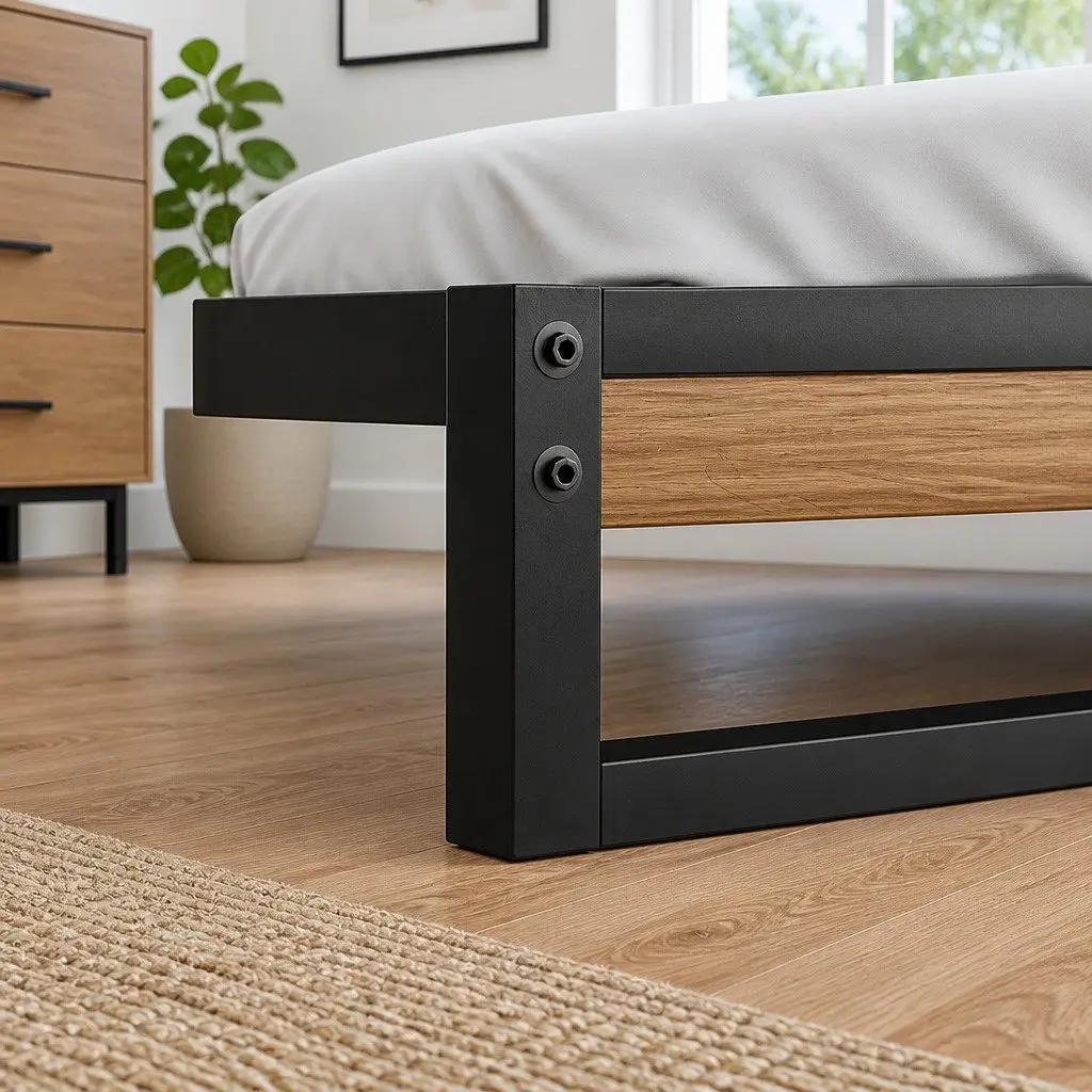 Queen Size Bed Frame Black Metal Wood Industrial Bedroom Furniture Sturdy Steel