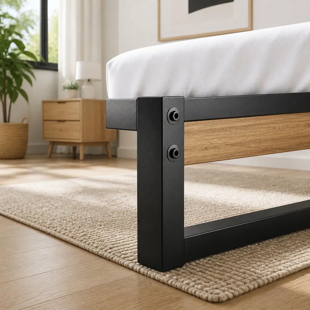 Single Metal Bed Frame Industrial Design Steel MDF Black Bedroom Furniture