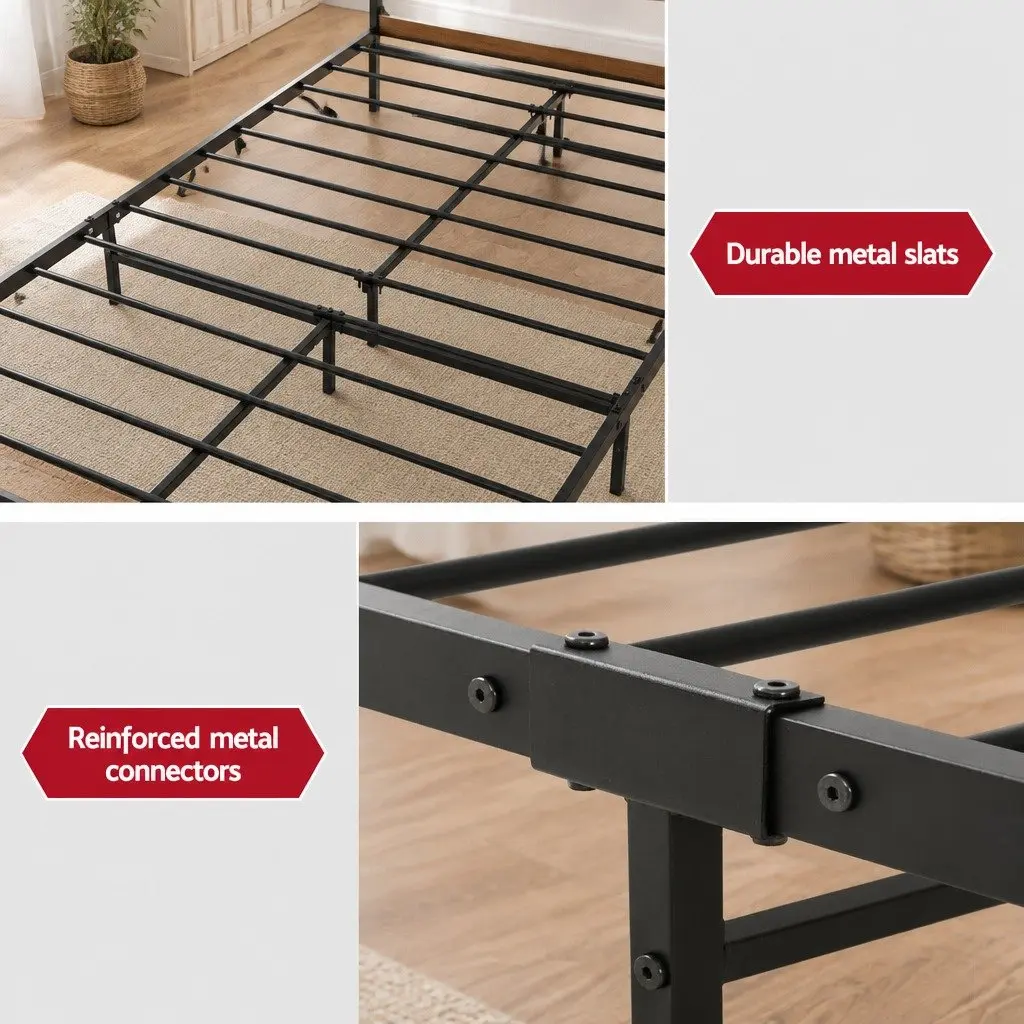 Single Metal Bed Frame Industrial Design Steel MDF Black Bedroom Furniture