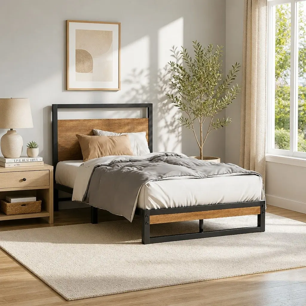 Single Metal Bed Frame Industrial Design Steel MDF Black Bedroom Furniture
