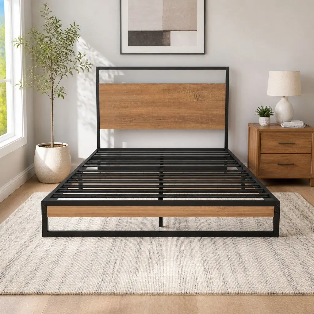 Metal Bed Frame Black King Single Size Platform with Pocket Spring Mattress