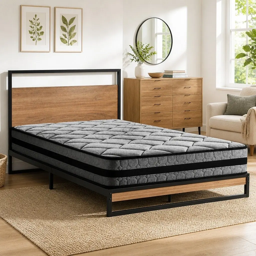 Metal Bed Frame Black King Single Size Platform with Pocket Spring Mattress