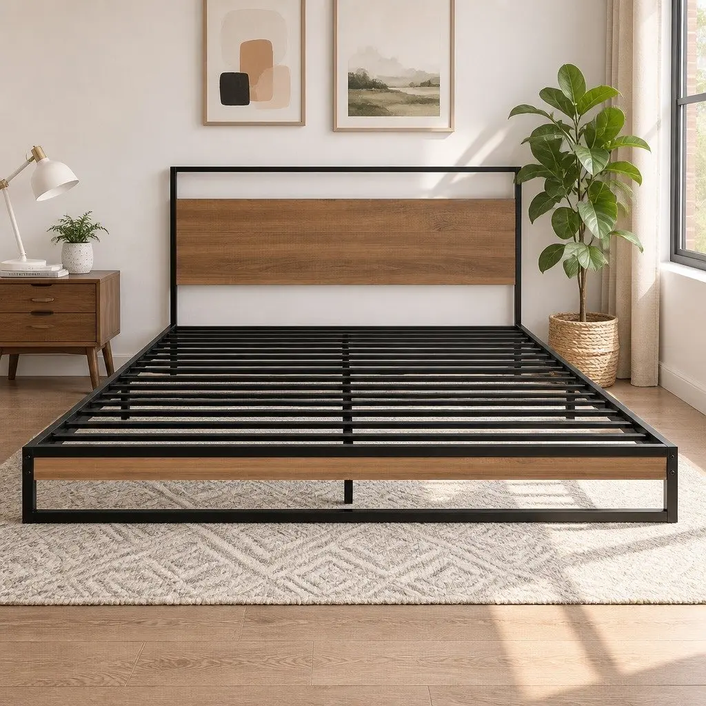 Queen Size Bed Frame Black with Dark Wood Integrated Slat Support and Pocket Spring Mattress