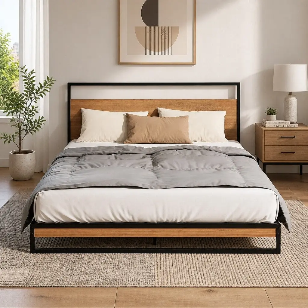 Queen Size Bed Frame Black with Dark Wood Integrated Slat Support and Pocket Spring Mattress