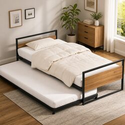 Metal Trundle Daybed Frame Single Size Industrial Style Bedroom Furniture Black