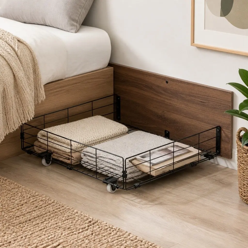 Metal Trundle Drawers Set of 2 Walnut Black Under Bed Storage Organiser with Smooth Castors for Easy Access
