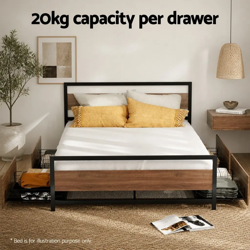 Metal Trundle Drawers Set of 2 Walnut Black Under Bed Storage Organiser with Smooth Castors for Easy Access