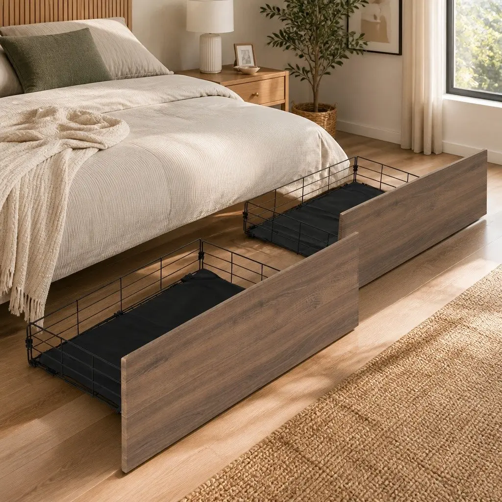 Metal Trundle Drawers Set of 2 Walnut Black Under Bed Storage Organiser with Smooth Castors for Easy Access