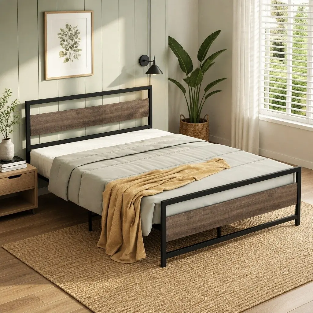 Double Size Bed Frame Black Metal Base Industrial Style Reinforced Slats