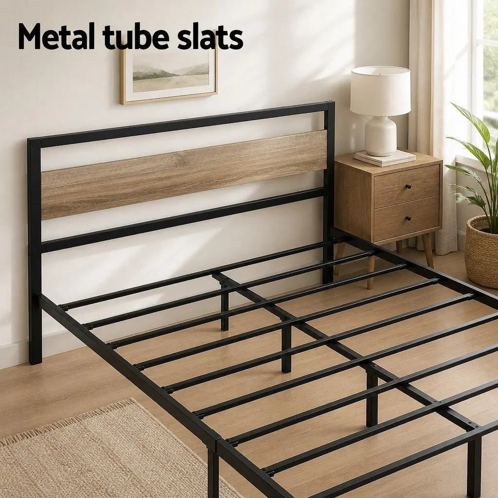 Double Size Bed Frame Black Metal Base Industrial Style Reinforced Slats