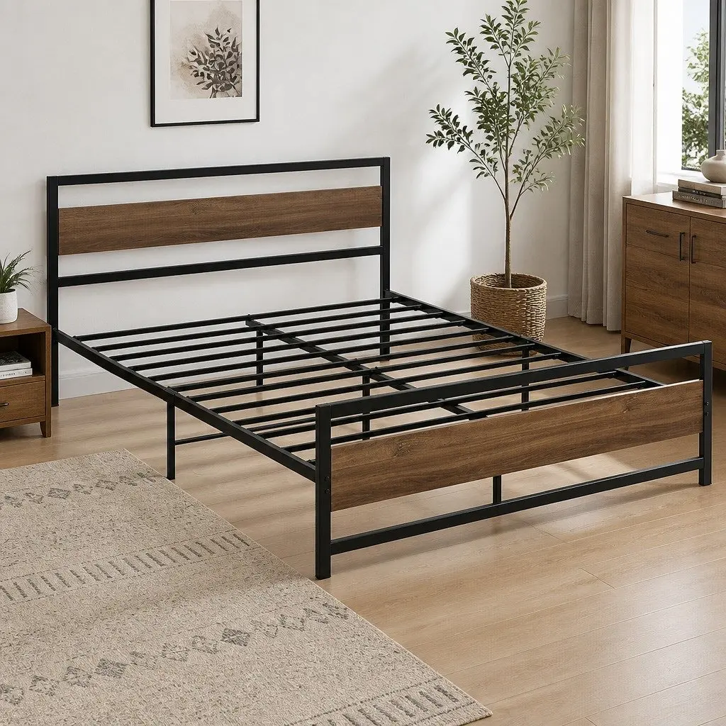 Double Size Bed Frame Black Metal Base Industrial Style Reinforced Slats