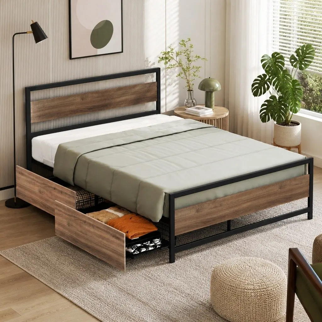 Double Bed Frame Black Metal with Storage Drawers Industrial Style