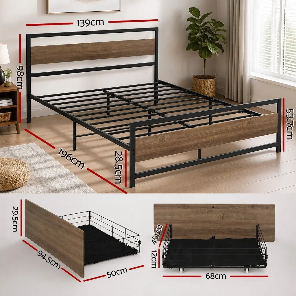 Double Bed Frame Black Metal with Storage Drawers Industrial Style