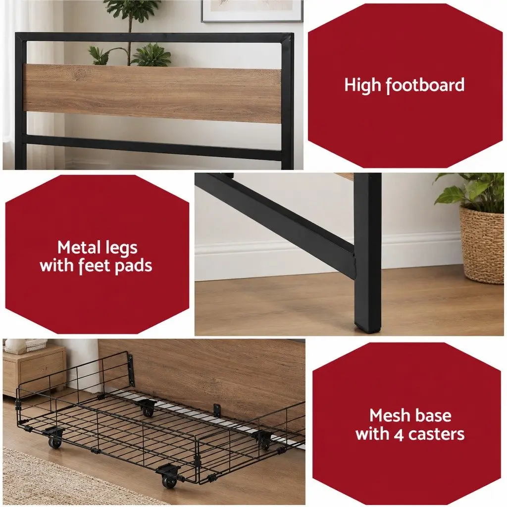 Double Bed Frame Black Metal with Storage Drawers Industrial Style