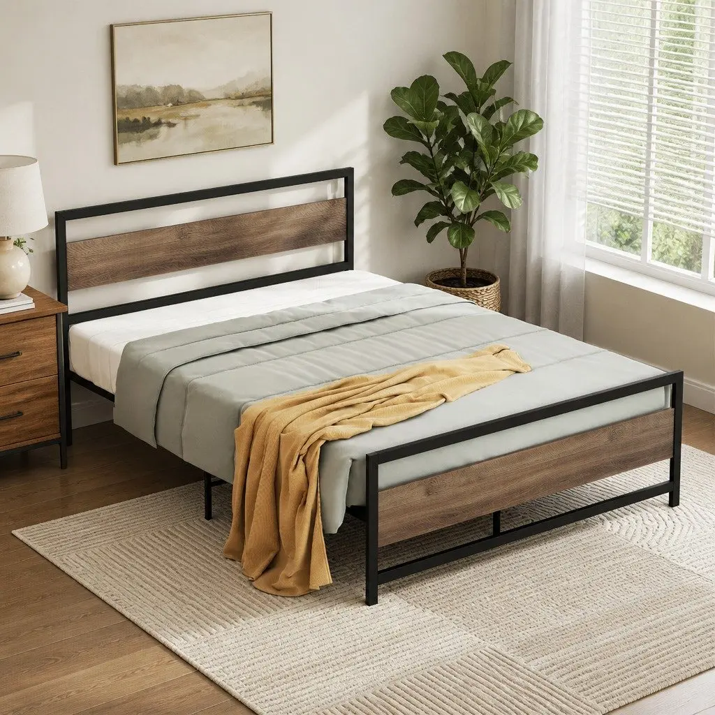 Queen Size Bed Frame Black Metal Platform Industrial Style