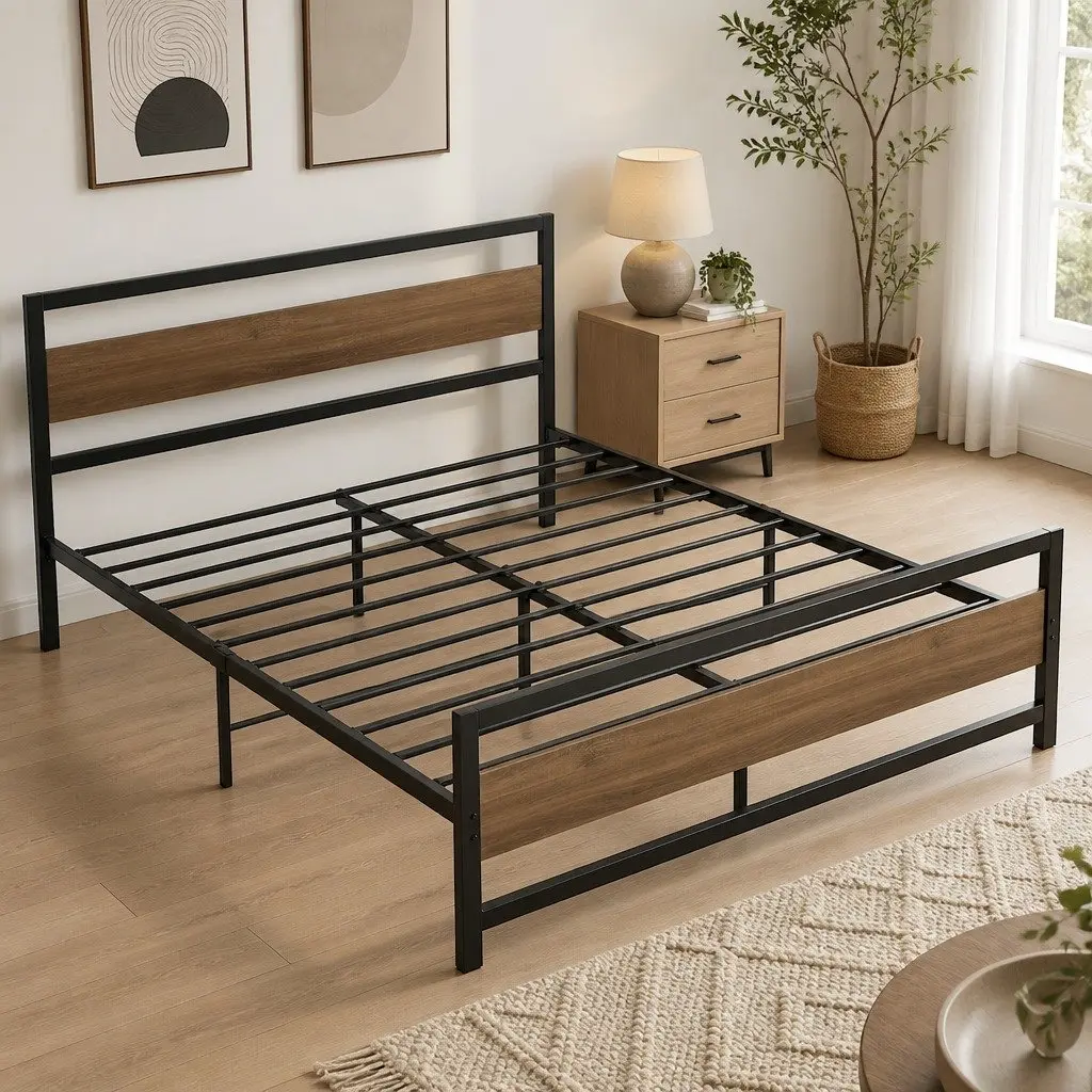 Queen Size Bed Frame Black Metal Platform Industrial Style
