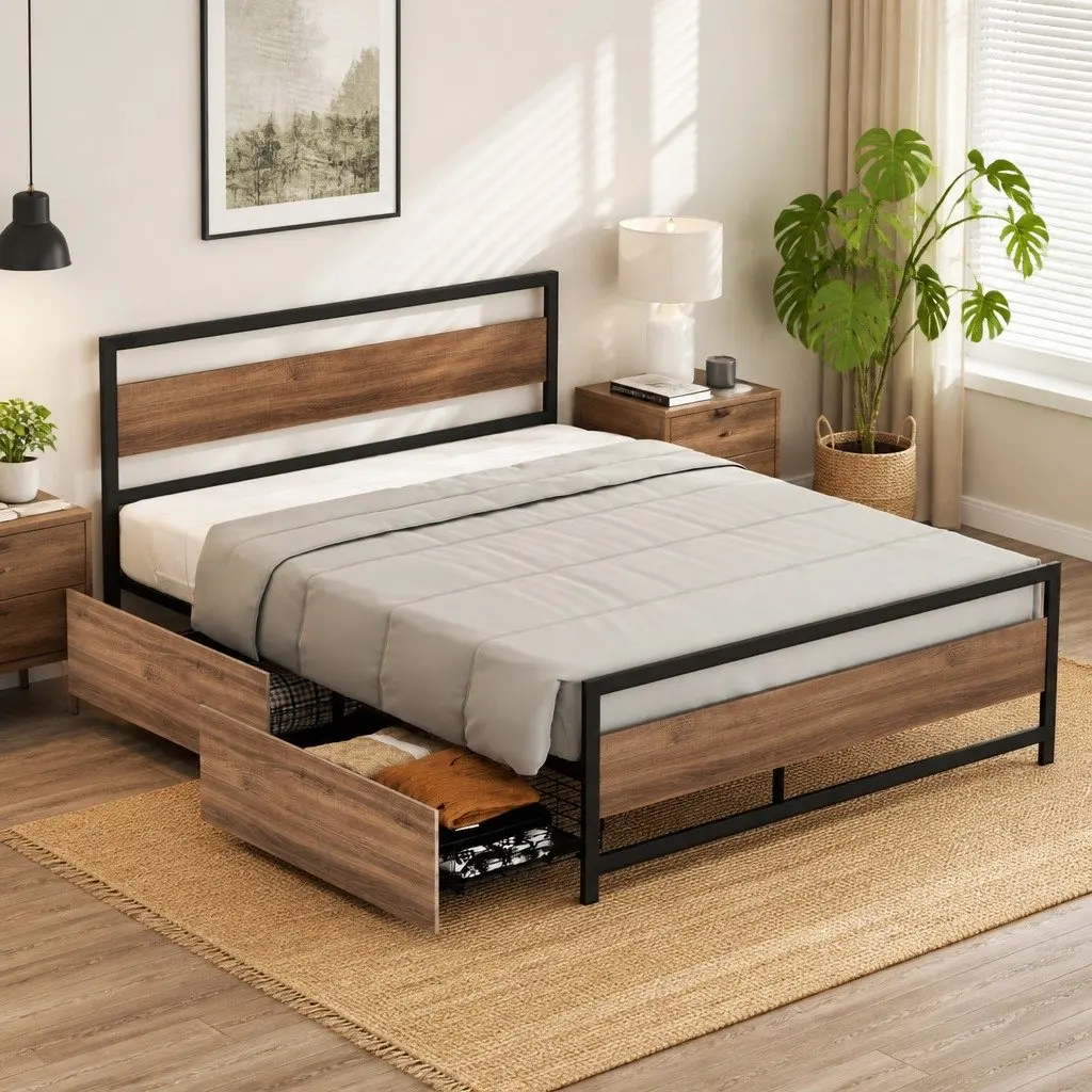 Queen Size Bed Frame Black Metal Industrial Style with Storage Drawers