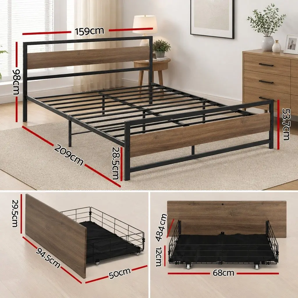 Queen Size Bed Frame Black Metal Industrial Style with Storage Drawers