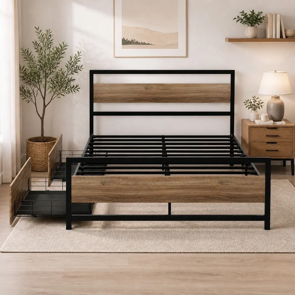 Queen Size Bed Frame Black Metal Industrial Style with Storage Drawers