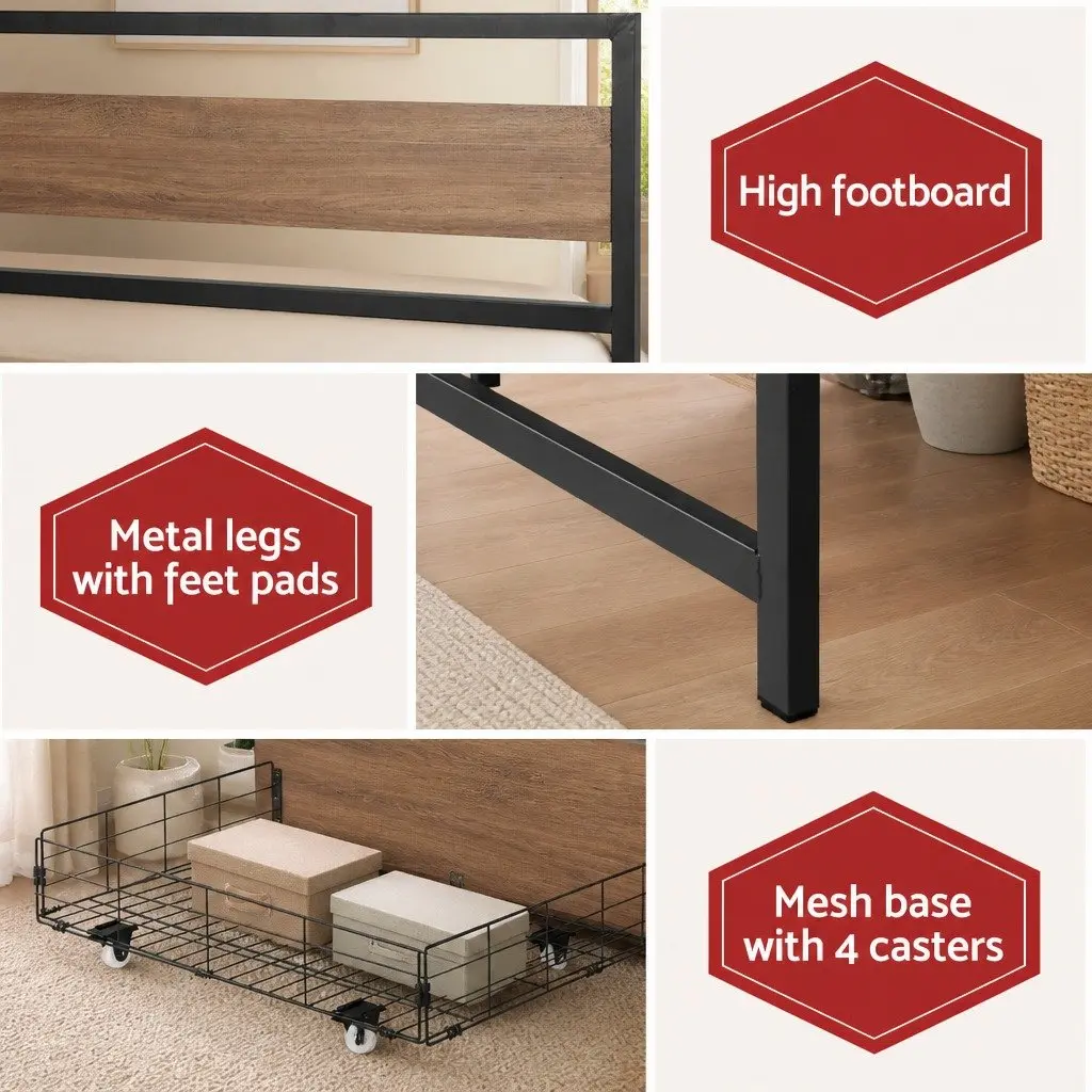 Queen Size Bed Frame Black Metal Industrial Style with Storage Drawers