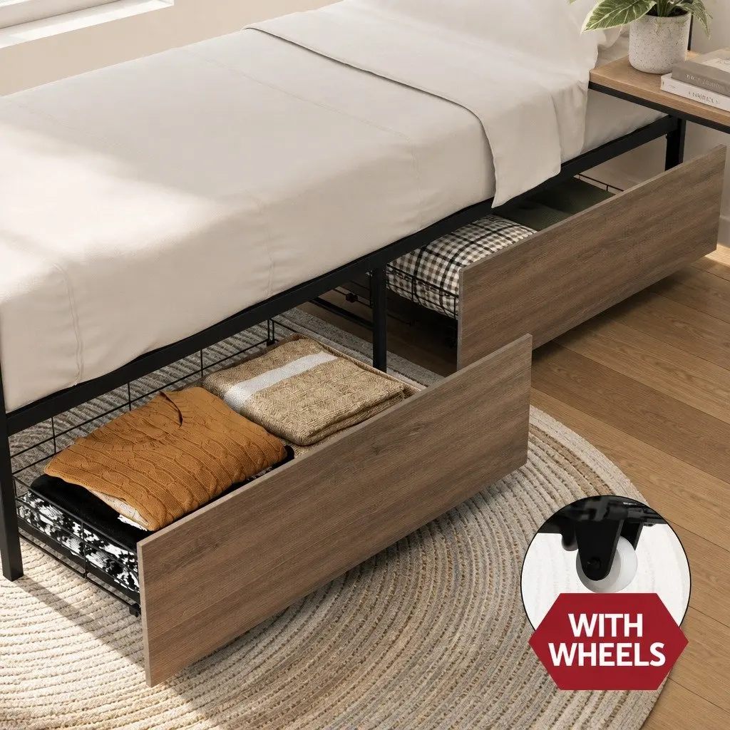 Queen Size Bed Frame Black Metal Industrial Style with Storage Drawers