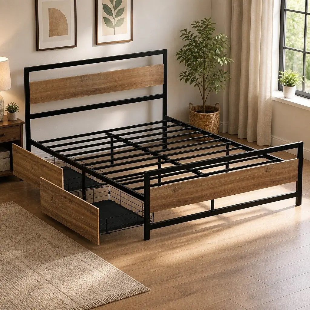 Queen Size Bed Frame Black Metal Industrial Style with Storage Drawers