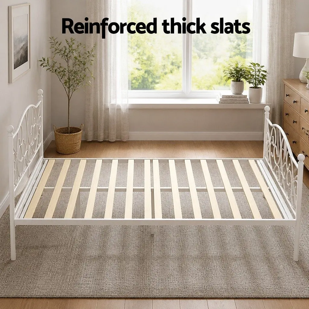 Double Bed Frame White Metal Hollow Out Headboard Storage 192x140x93cm
