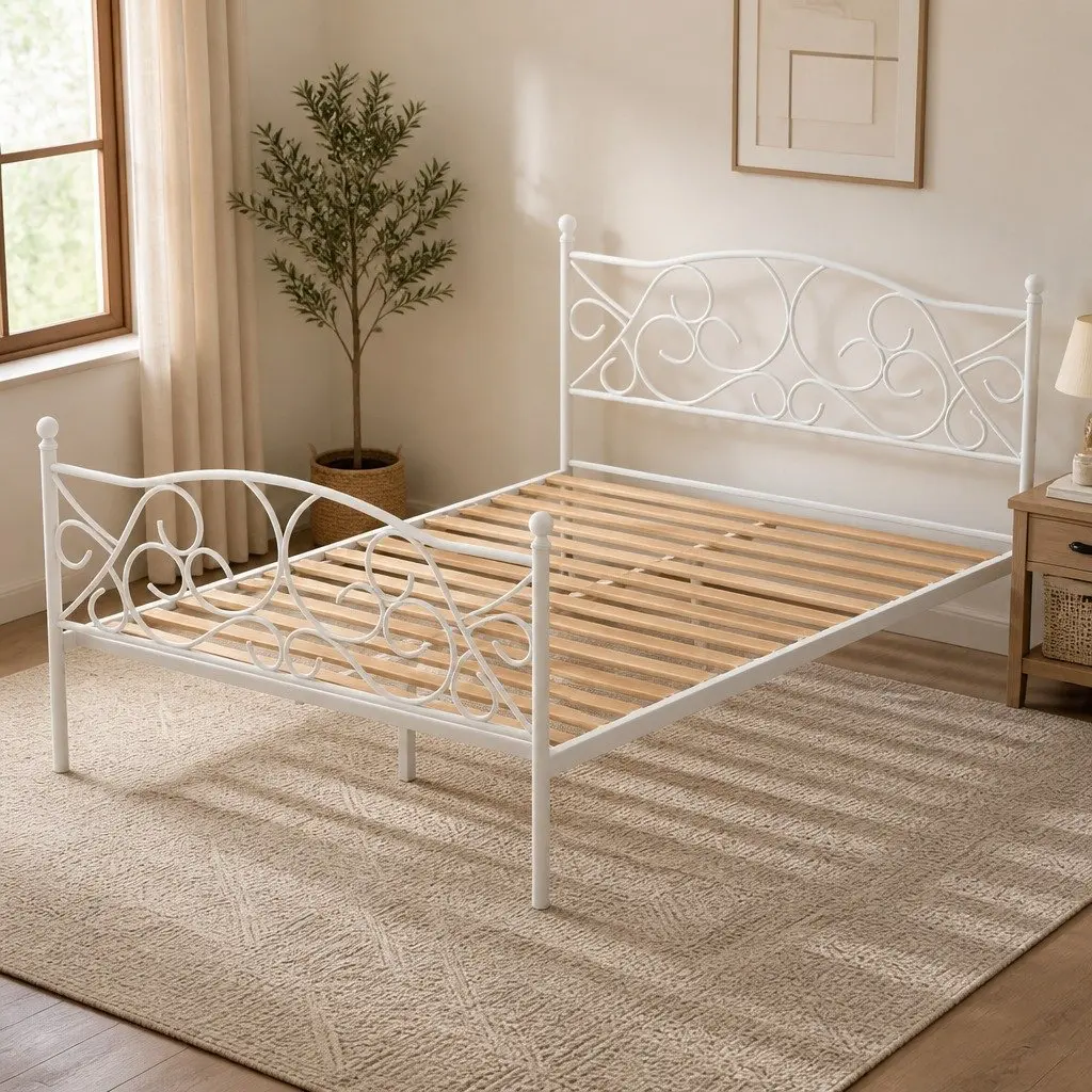 Double Bed Frame White Metal Hollow Out Headboard Storage 192x140x93cm