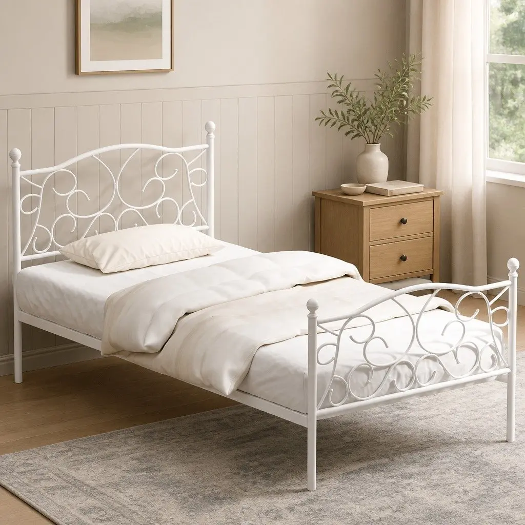 Single Bed Frame White Metal Platform Bedroom Furniture With Storage Space