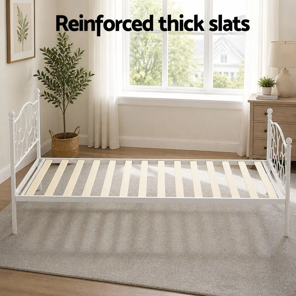 Single Bed Frame White Metal Platform Bedroom Furniture With Storage Space