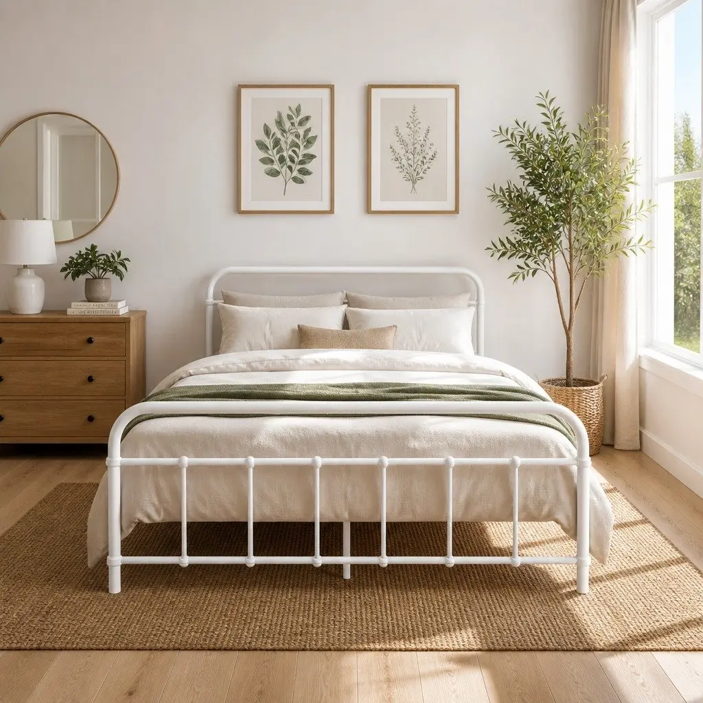 Double Metal Bed Frame Country Style Bedroom Furniture White Steel Slat Base