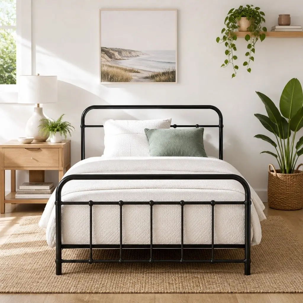 Metal Bed Frame Black King Single Country-Style Steel Slat Base Storage