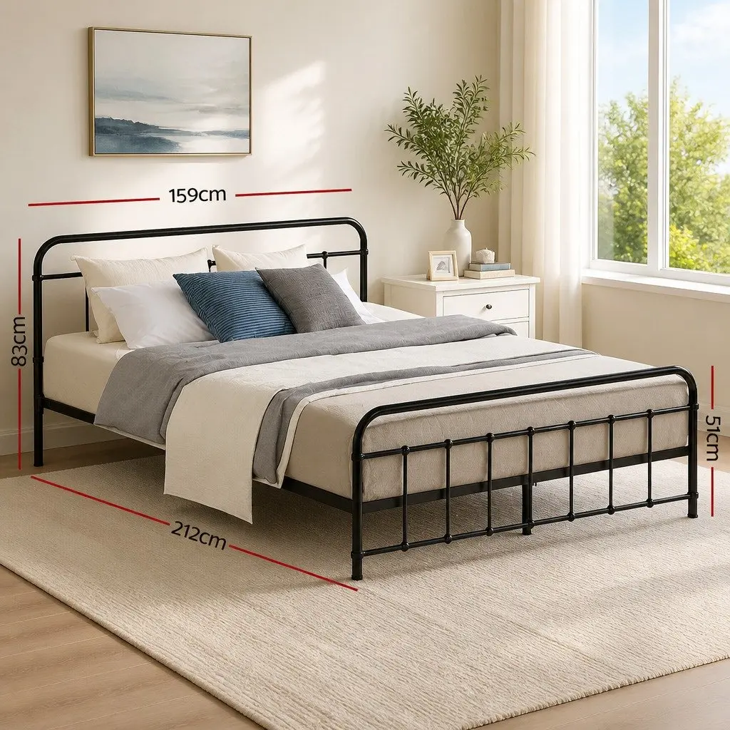 Queen Bed Frame Black Powder-Coated Steel Country Style Underbed Storage