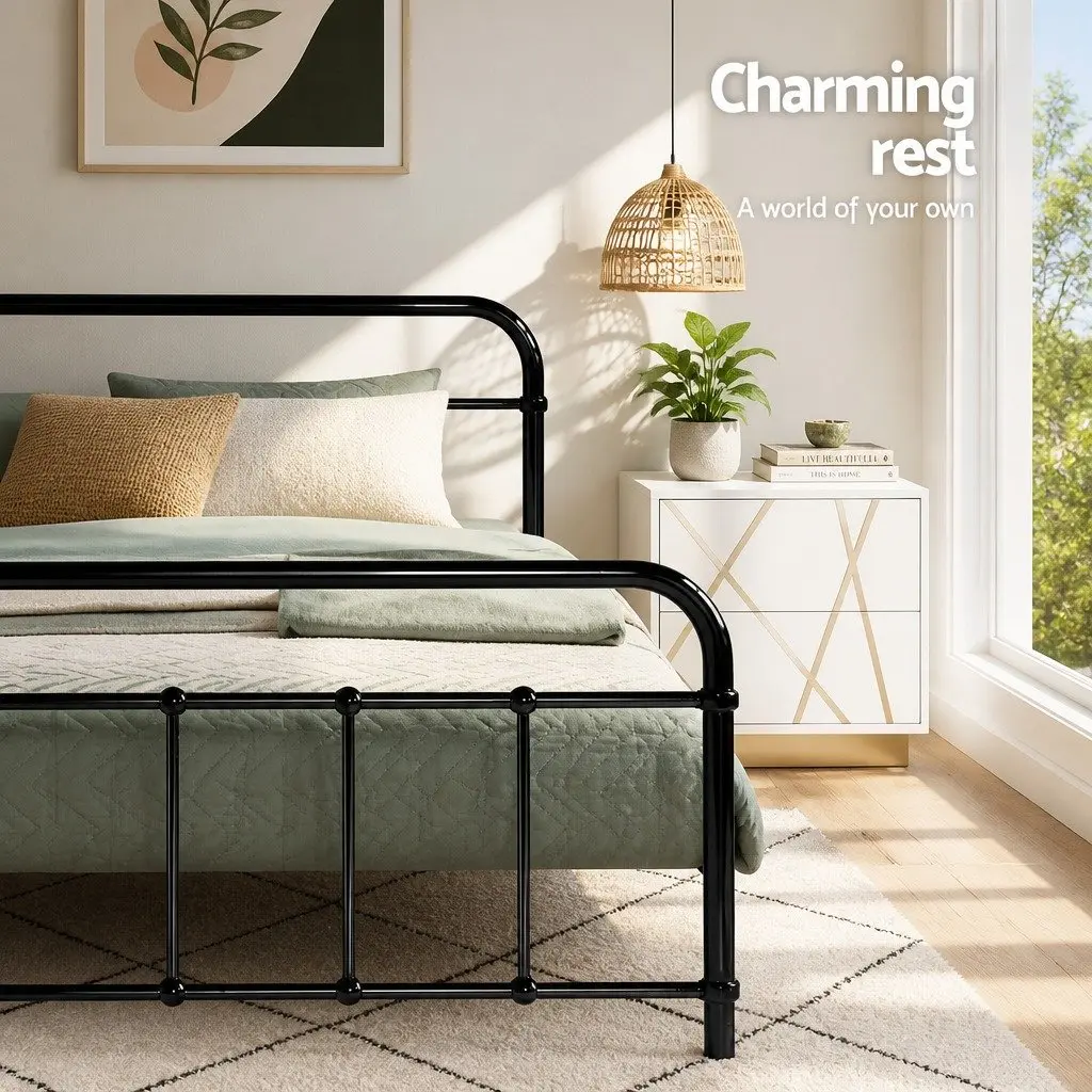 Queen Bed Frame Black Powder-Coated Steel Country Style Underbed Storage