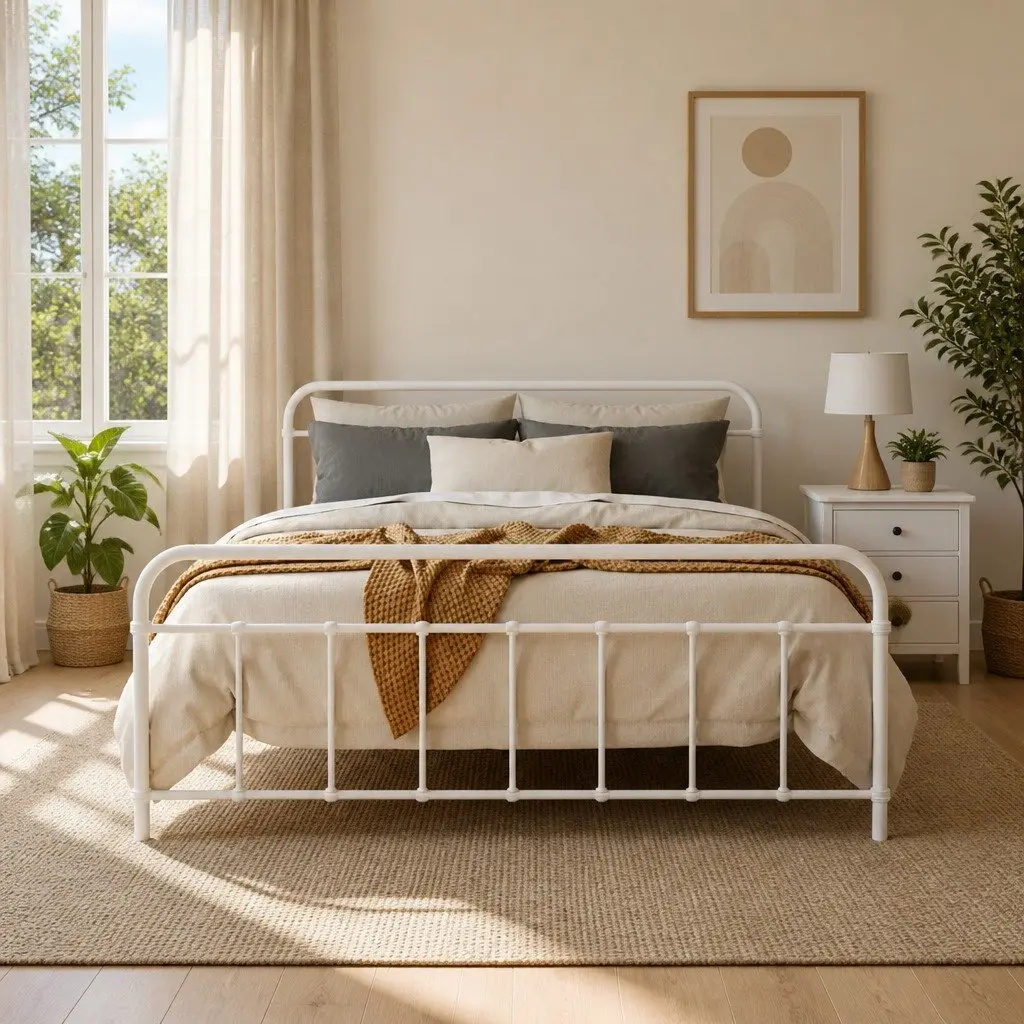 Queen Metal Bed Frame White Steel Slat Support Country Style Storage Underneath