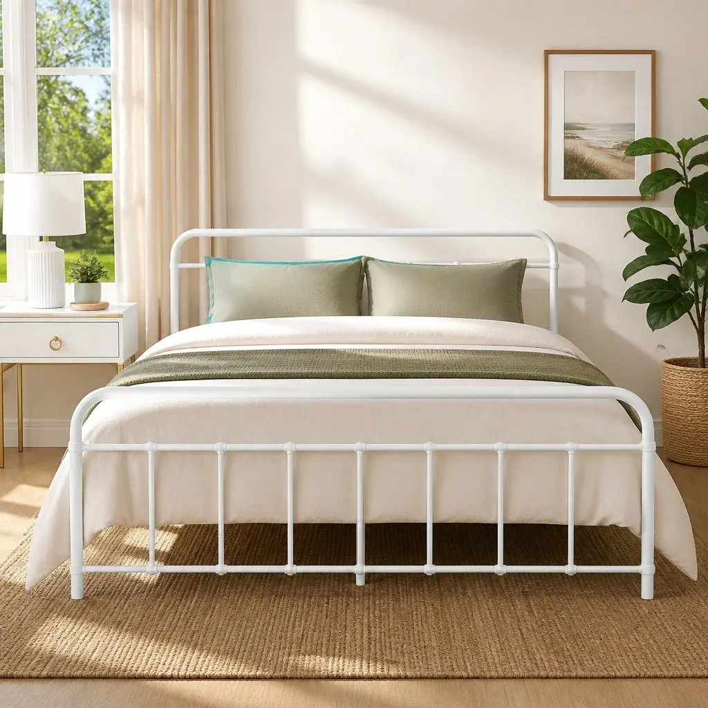 Queen Metal Bed Frame White Steel Slat Support Country Style Storage Underneath