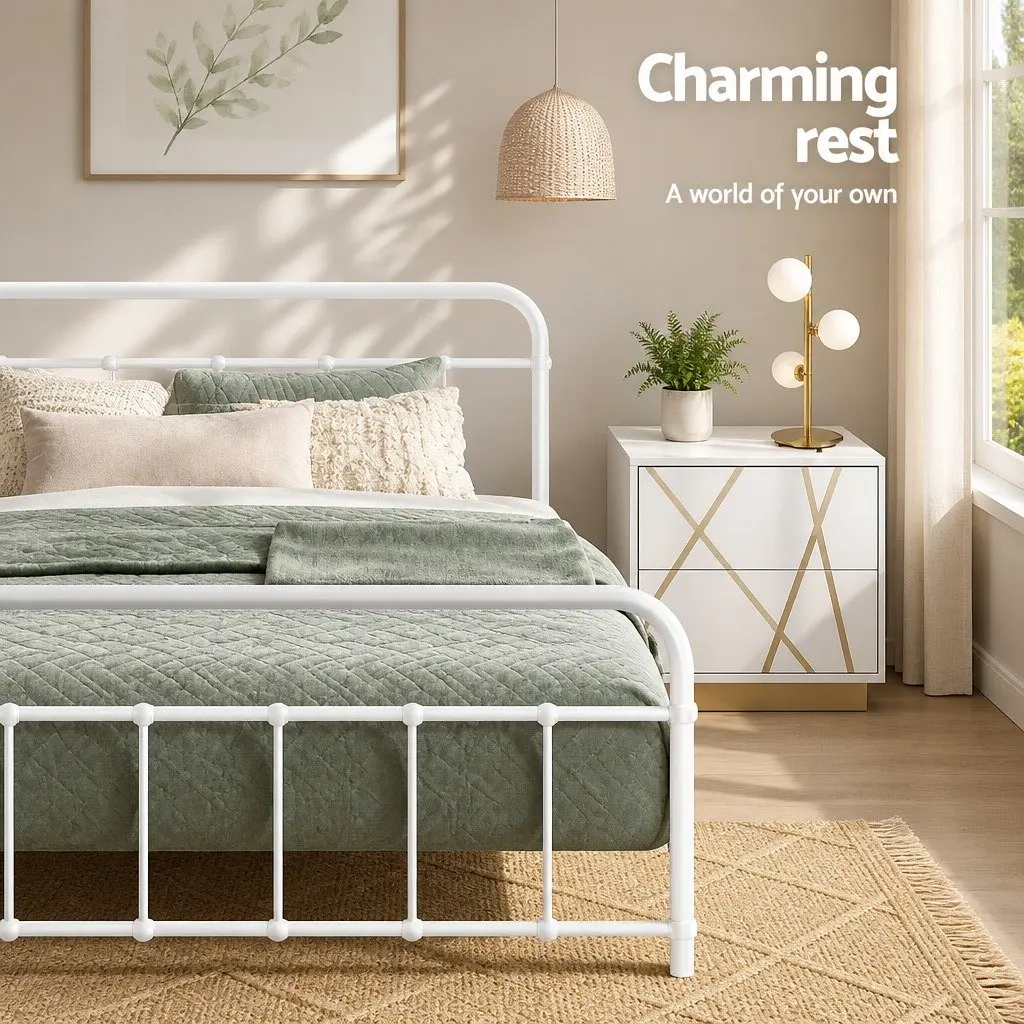 Queen Metal Bed Frame White Steel Slat Support Country Style Storage Underneath