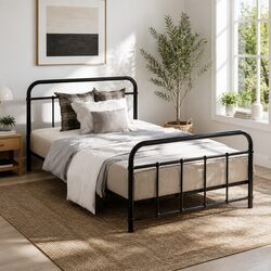 Single Metal Bed Frame Black Country Style Steel Bedroom Furniture Storage