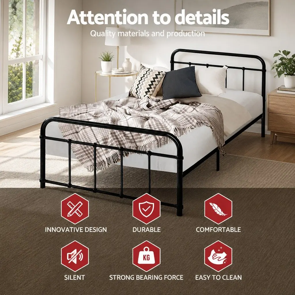 Single Metal Bed Frame Black Country Style Steel Storage